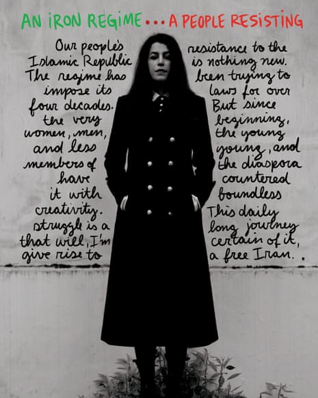A page from Marjane Satrapi’s latest book, Woman, Life, Freedom. Satrapi is shot in black and white in front of writing entitled An Iron Regime … A People Resisting