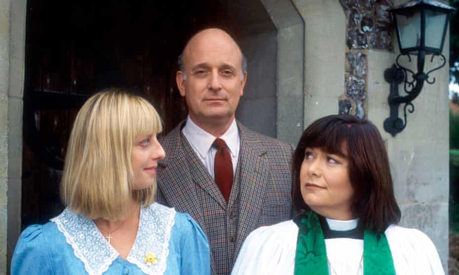 Emma Chambers, Gary Waldhorn and Dawn French, in a scene from the first series of The Vicar of Dibley.