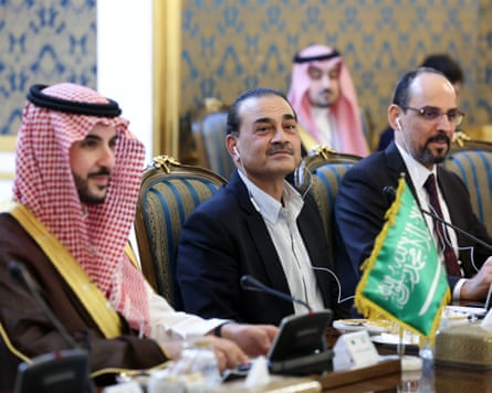 From left, Saudi Arabia’s defence minister, Khalid bin Salman, Pakistan’s army chief, Asim Munir, and Ibrahim Kalin, the head of Turkey’s intelligence service, at a meeting in Tehran on Monday