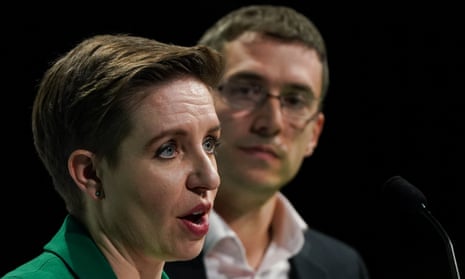 Carla Denyer and Adrian Ramsay, co-leaders of the Green party, give a speech during the party’s conference in Harrogate on Friday