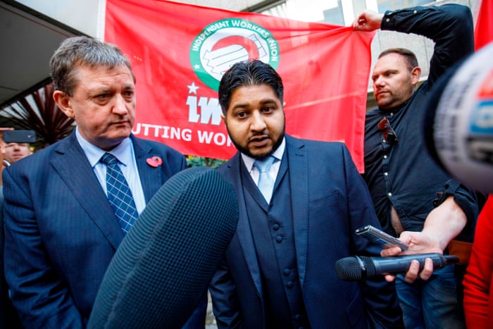 Former Uber drivers James Farrar and Yaseen Aslam addressing the media as they left the Employment Appeals Tribunal in central London.