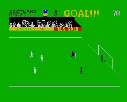 The screenshot of video game World Cup Carnival, from 1986, with pixelated players on a green background