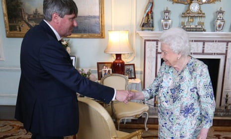 Queen Elizabeth receives Simon Armitage to present him with the Queen's gold medal for poetry upon his appointment as poet laureate during an audience at Buckingham Palace, London in May 2019