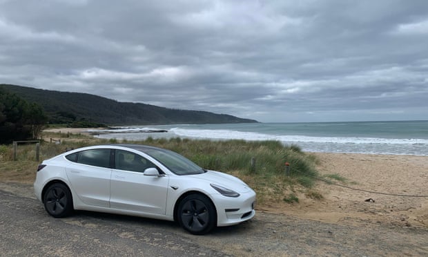 Oliver’s rented Tesla on the beach near Port Fairy