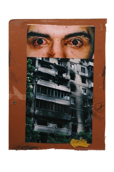 Collage of bloodshot eyes above a fire-damaged apartment building, mounted on rust-coloured card