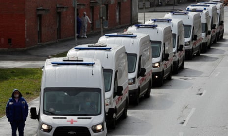 Ambulances queue to access Pokrovskaya hospital in St Petersburg, Russia, on 27 April.
