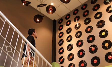 Records on the wall by the cafe’s staircase. Dylan's cafe, Shillong, India.