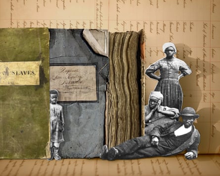 Archival images from British Enslavement Registers, including from a portrait of Civil War era enslaved fugitives.