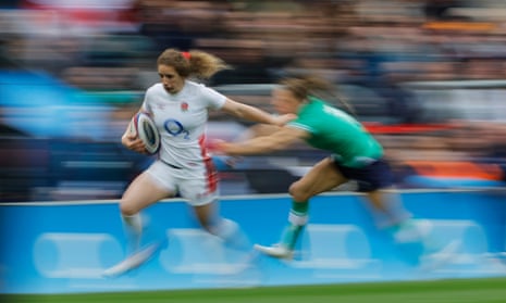 Abby Dow speeds towards the line before scoring her third try of the game and England’s 10th against Ireland.