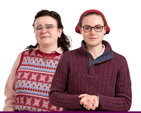 A composite of two white women with glasses and dark hair, one with colourful knitwear, the other clasping her hands together