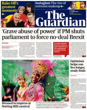 Guardian front page, Tuesday 27 August 2019