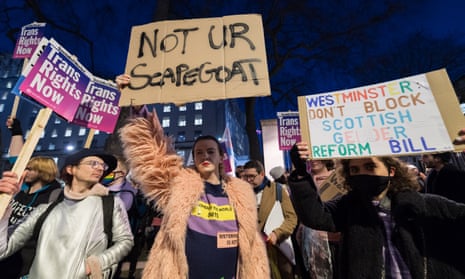A protest against the UK government’s blocking of the Scottish gender recognition reform bill outside Downing Street, London, 18 January 2023