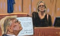 a courtroom sketch of Donald Trump and Stormy Daniels