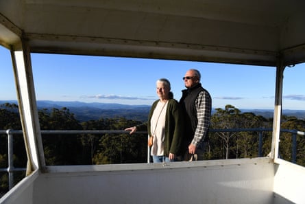Ken and Naomi Henry of Save Bulga Forest atop the Blue Knob fire spotting tower