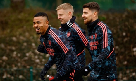 From left: Arsenal's Gabriel Jesus, Oleksandr Zinchenko and Jorginho in training