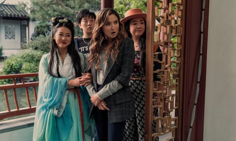 Stephanie Hsu, Sabrina Wu, Ashley Park and Sherry Cola in a doorway in Beijing