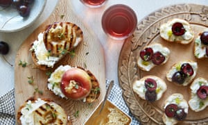 (left) Grilled roast peaches on toast with fresh cheese, local honey and thyme (right) Cherry and blue cheese crostini