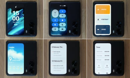 A matrix showing various features of the cover screen of the Oppo Find N2 Flip.