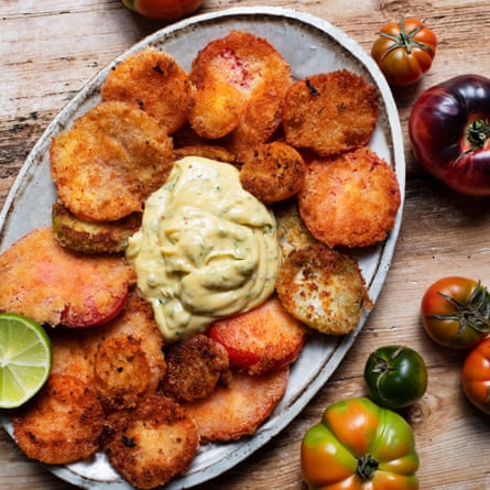 Nigel Slater’s fried tomatoes with coriander mayonnaise.