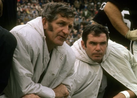 George Blanda and Daryle Lamonica on the sidelines during their time with the Raiders. Blanda would often stand in for Lamonica at quarterback