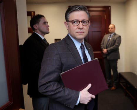 Mike Johnson speaks to reporters as he arrives for a House Republican conference meeting, 10 February 2026.