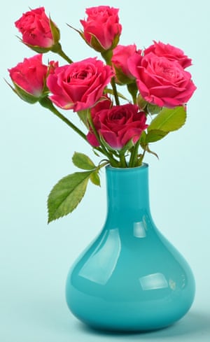 Red Roses In Vase With Decoration Against Blue Background