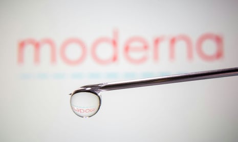 Moderna logo with a medical implement in foreground