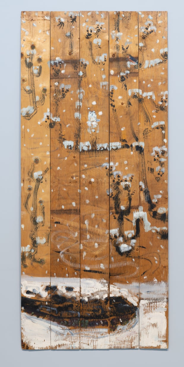 An untitled work by Bill Lynch painted on five planks.