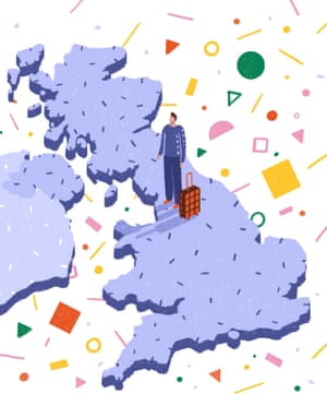 Illustration of a map of GB with a figure standing in the middle of it with a suitcase