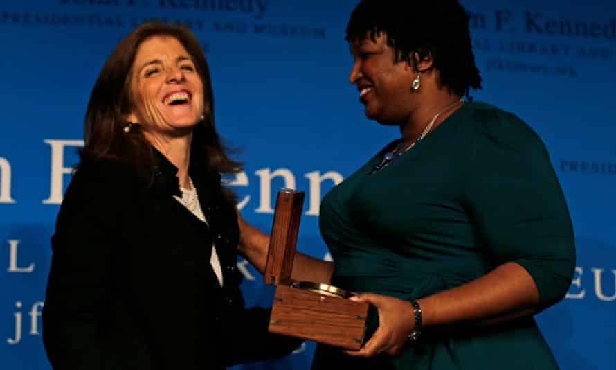 Caroline Kennedy with Stacey Abrams after presenting the annual Frontier Award at the John F Kennedy Library in Boston.