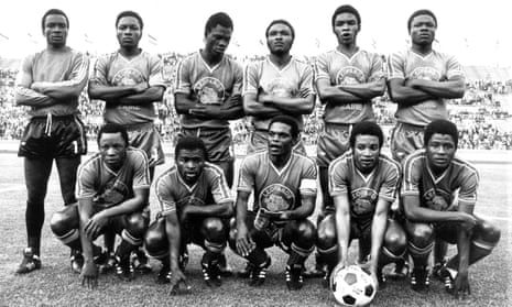 Pierre Ndaye Mulamba (front, far left) lines up with his Zaire team-mates before the fateful match against Yugoslavia.