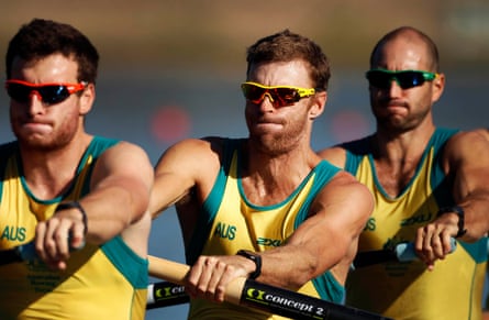 Three-time Olympic gold medal winner Drew Ginn (centre) during a training session ahead of the 2012 London games.