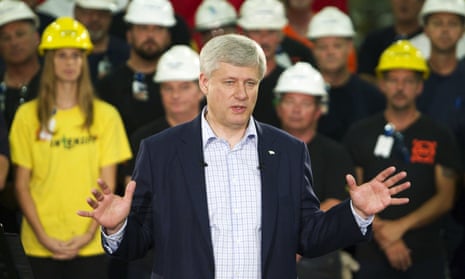 Canadian prime minister Harper speaks at Laurel Steel on a campaign stop