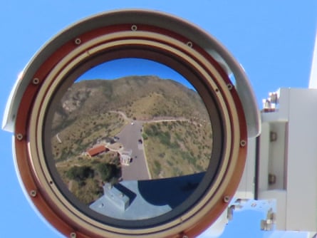 An extreme closeup shot of the lens of a fixed tower camera on Coronado Peak in Cochise county, Arizona.