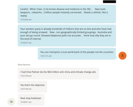 Screenshot of text message exchange released by the US Department of Justice purporting to be from Steve Bannon.