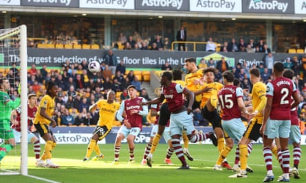 Maximilian Kilman scores a goal which is later disallowed by VAR during the Premier League match between Wolves and West Ham at Molineux on 6 April 2024