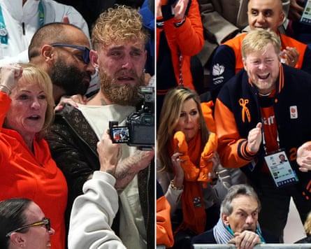 Jake Paul (left) and Queen Maxima and King Willem-Alexander of the Netherlands (right) celebrate.