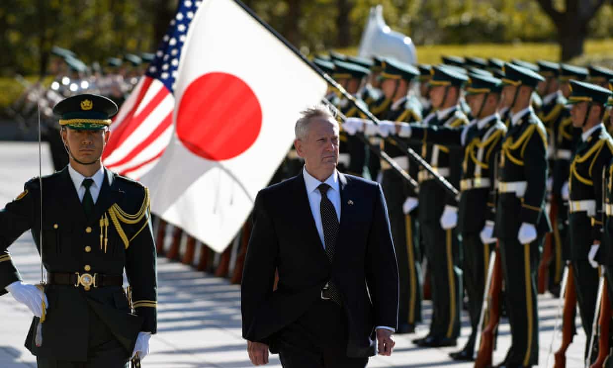 James Mattis reviews the guard of honour prior to a meeting with Japanese defence minister Tomomi Inada in Tokyo on Saturday.