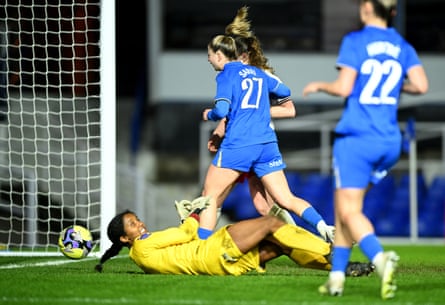 Veatriki Sarri scores Birmingham’s second goal with the Chatham keeper, Simone Eligon, is left on the ground.