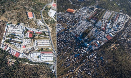 Images of Moria refugee camp taken in July 2017 and January 2020 illustrate the population explosion.