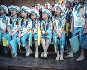 Children take part in a school dance group competition in Sloviansk, Ukraine