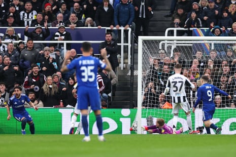 Elvin Jafarguliyev (left) bungles the ball home for Qarabag’s second goal.