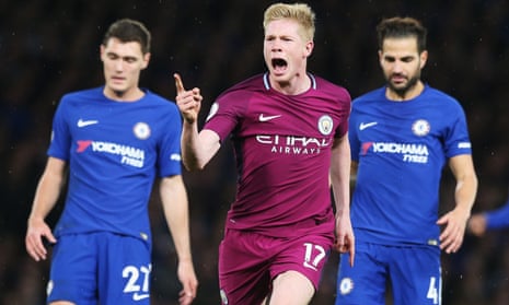 Kevin De Bruyne celebrates scoring the first goal during a Premier League game between Chelsea and Manchester City at Stamford Bridge