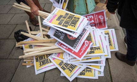 A pile of placards outside the Brighton Centre on the opening day of the TUC congress.