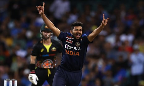 Thakur celebrates after taking the wicket of Wade