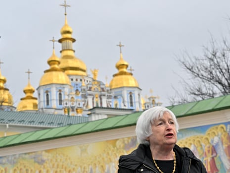 US Secretary of the Treasury Janet Yellen talks to journalists outside Mykhaylo Golden Domes cathedral.