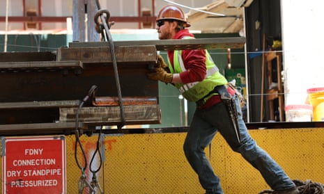 construction workers prepare steel for a crane at the site of JPMorgan Chase‘s new 1,388-foot headquarters at 270 Park Avenue in Midtown East on May 18, 2023 in New York City.