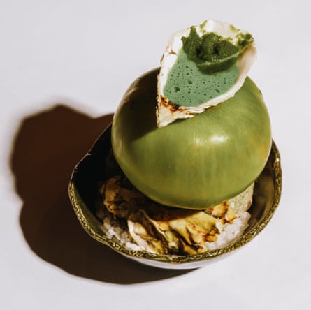 Punk royale’s oyster in green curry apple granita.