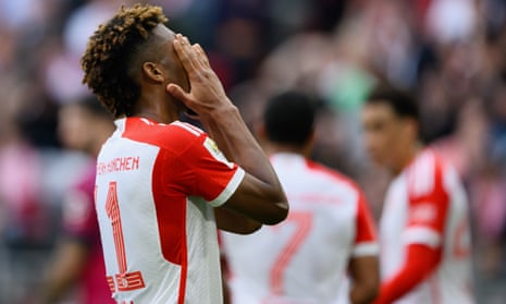 Kingsley Coman of Bayern reacts during their defeat to Leipzig.