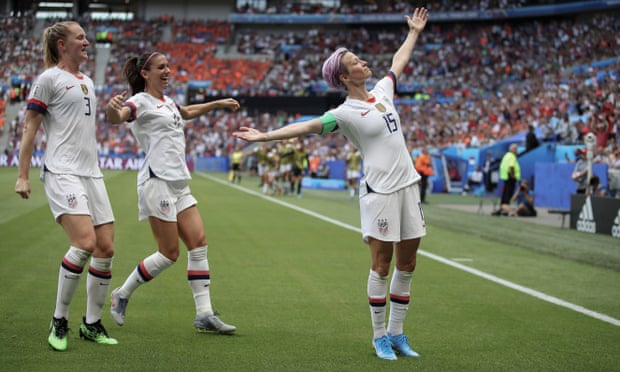 Megan Rapinoe of the USA celebrates with teammates after scoring her team’s first goal in the World Cup final in July.